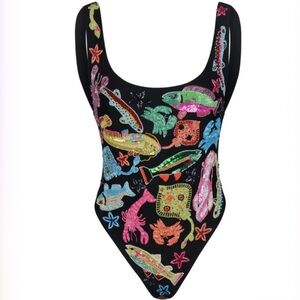 REVOLVE Black Multicolor Embroidered One Piece Swimsuit